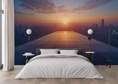 Solar panels at city dusk. Wall mural