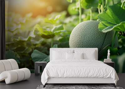 Ripe Cantaloupe Melon Growing on Vine in Garden Wall mural