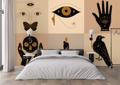 Set of Witch Icons Collection Featuring Horus Eye, Crow, Palm, Candle and Mystic Face Illustration. Wall mural