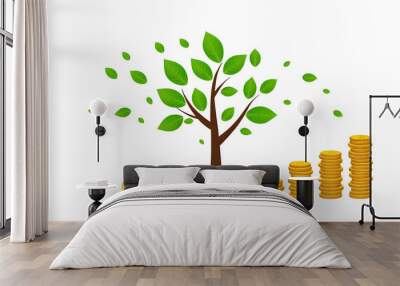 A transparent PNG showcasing a tree with slightly larger green leaves than the first. Gold coins are placed to the right of the tree, symbolizing economic growth and profit. Wall mural