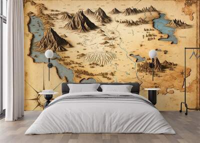 Medieval map showing mountains and roads Wall mural