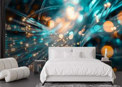 Intricate Web of Fiber Optic Cables Transmitting Data Signals  Wall mural