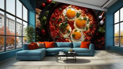 Shakshuka - A dish made with poached eggs in a spicy tomato and bell pepper sauce, often served with bread Wall mural