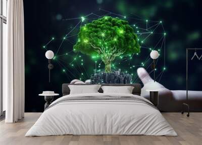 The concept of integrating AI technology for sustainability and greener Earth. Ecological, environment, conservation, futuristic, eco-conscious, global, advancement, green initiatives, smart solutions Wall mural