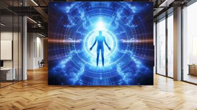 Virtual Enlightenment: Human Figure Embraced by Circuits and Light Rays Wall mural