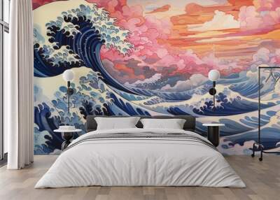 Wave Ukiyo-e painting, whimsical abstract landscapes romantic, dreamy, elegant	
 Wall mural