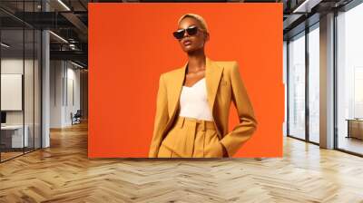 Beautiful young black woman posing in a trendy yellow suit, white blouse, sunglasses, and short hair. Orange background, stylish fashion photo. Empty space for text, commercial Wall mural