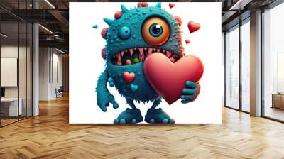 Funny blue Valentine monster holding a heart. Generative AI. Wall mural