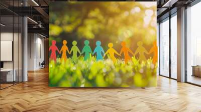 Colorful Paper People Holding Hands in Grass for Unity Wall mural