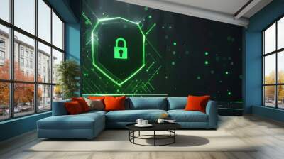 Digital Shield: Representing Cybersecurity with Green Light Accents Wall mural