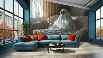 Ghost covered with a white sheet sitting on a sofa in a cozy living room Wall mural