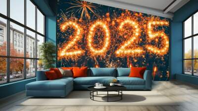 Happy New Year 2025: Sparkling Burning Text Against Black Background Wall mural