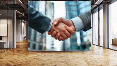 successful business agreement contract dealing businessman handshake close up hand palm with blur city building and office working space background Wall mural