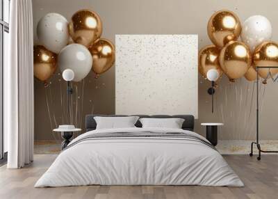 White and Beige Square Cards with Golden Balloons for Celebration Wall mural