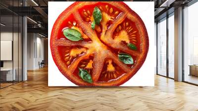 Fresh red tomato slice garnished with basil leaves, highlighting vibrant colors and textures. Wall mural