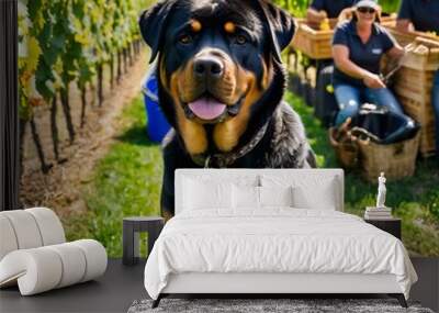 Rottweiler dog watching over a scenic vineyard during harvest season with grape pickers at work Wall mural