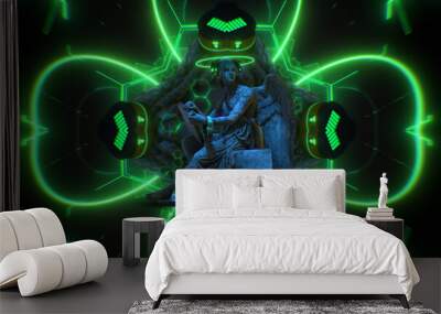 A stone Angle statue with digital light effects and a neon halo, wearing headphones. Wall mural