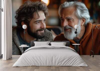 Adult hipster son and old senior father stay for work at home, two generations have a beard talking together and relaxing with smile, happy enjoy living to isolation quarantine at home, Generative AI Wall mural