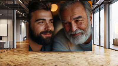 Adult hipster son and old senior father stay for work at home, two generations have a beard talking together and relaxing with smile, happy enjoy living to isolation quarantine at home, Generative AI Wall mural