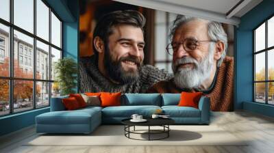 Adult hipster son and old senior father stay for work at home, two generations have a beard talking together and relaxing with smile, happy enjoy living to isolation quarantine at home, Generative AI Wall mural