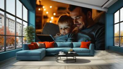 family, fatherhood, technology and people concept - happy father and little son with tablet pc computer sitting on sofa at home in evening, Generative AI Wall mural