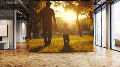 Father and son playing in the park at the sunset time, Generative AI Wall mural