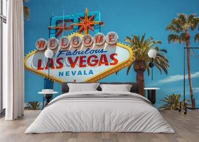 landmarks concept - welcome to fabulous las vegas sign and palm trees over blue sky in united states of america, Generative AI Wall mural