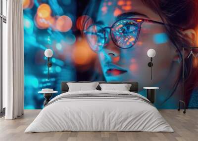 Software, coding hologram and woman on tablet thinking of data analytics, digital technology and night overlay. Programmer or IT person in glasses on 3d screen, programming and cybersecurity research Wall mural