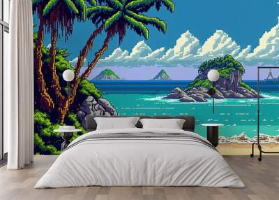 Pixel art beach with coconut trees and clouds in the sky, background in retro style for 8 bit game, Generative AI Wall mural