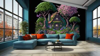 Pixel art fantasy garden in magic forest, mystical garden, background in retro style for 8 bit game, Generative AI Wall mural