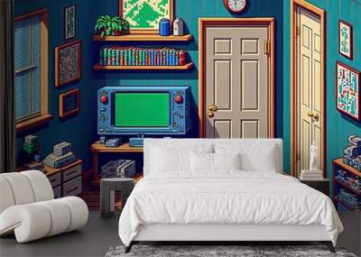 Pixel art game room, bedroom with video game consoles, background in retro style for 8 bit game, Generative AI Wall mural