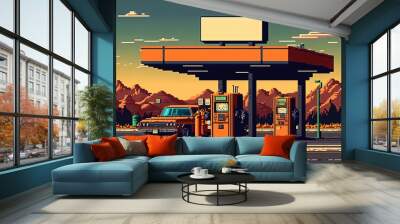 Pixel art gas station on the road, background in retro style for 8 bit game, Generative AI Wall mural