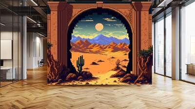 Pixel art magic portal in desert, portal to fantasy dimension, background in retro style for 8 bit game, Generative AI Wall mural