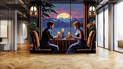 Pixel art of loving couple having romantic dinner in front of the sea, Valentine's Day, background in retro style for 8 bit game, Generative AI Wall mural