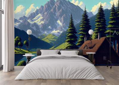 Pixel art of Swiss landscapes with house, pine trees, lake and mountains, background in retro style for 8 bit game, Generative AI Wall mural