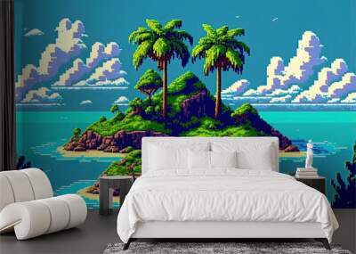 Pixel art paradise island on the high seas, background in retro style for 8 bit game, Generative AI
 Wall mural