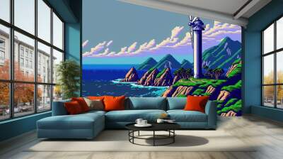 Pixel art wind farm generator on mountain near sea, landscape in retro style for 8 bit game, Generative AI
 Wall mural