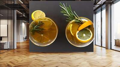 A gin and tonic with citrus and rosemary on a dark background. Generative AI Wall mural