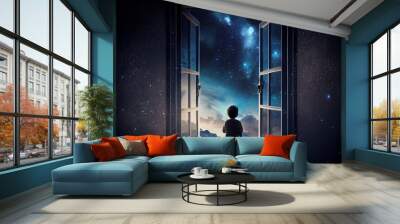 A Kid Watching Out At Big Window Open To Galaxy Sky, Midnight Time, Idea For Imagination And Dream Concept. Generative AI Wall mural