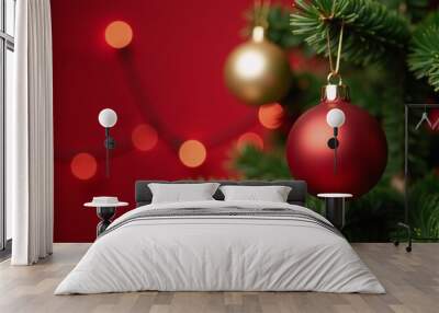 A red background with a Christmas tree ornaments and bokeh lights illuminating the scene Wall mural