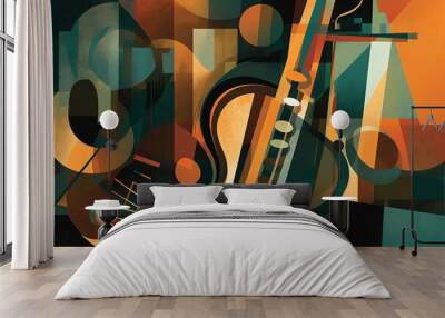 Abstract jazz art featuring trumpet, contrabass, saxophone, and piano. Generative AI Wall mural