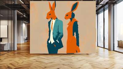 Abstract. modern. Easter bunny dressed. standing and posing couple in love. Trendy modern hipster. animal in fashion suit. Big rabbit ears. Illustration. Generative AI Wall mural