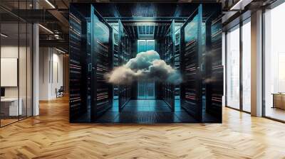 Big data center technology warehous with servers information digitalization Starts. SAAS, Cloud Computing, Web Service. Generative AI Wall mural