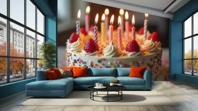 birthday cake with candles, icing and decorations Wall mural