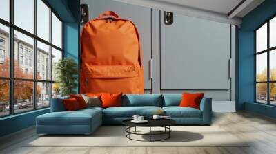 Bright Orange Backpack standing upright next to School Locker Textable Wall mural