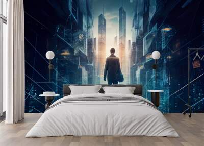 Businessman walking on virtual reality platform to futuristic smart city of opportunity with internet cyber network connection on high building. Sublime image. Generative AI Wall mural