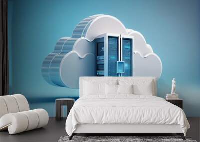 Cloud storage technology and online data storage, cloud computing, hosting white cloud with blue background. 3d render illustration. Generative AI Wall mural