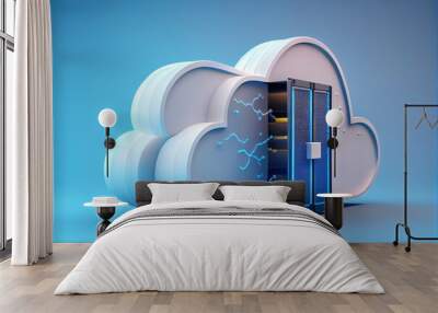 Cloud storage technology and online data storage, cloud computing, hosting white cloud with blue background. 3d render illustration. Generative AI Wall mural