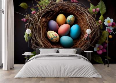 colorful easter nest with easter eggs. Generative AI Wall mural