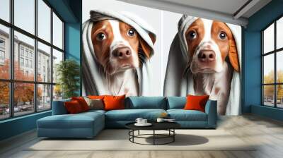 Confused Dog With A Towel On His Head, After A Shower, On A White Background Washing The Puppy After A Walk And Drying. Generative AI Wall mural